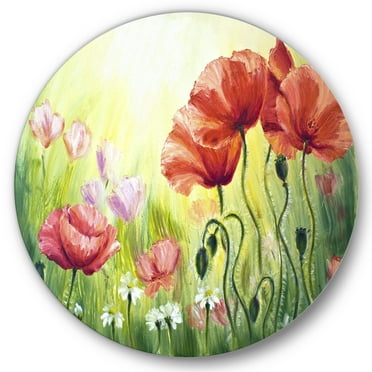 Designart 'Blossoming Red and Purple Poppies In The Morning I' Traditional Circle Metal Wall Art 36x36 - Disc of 36