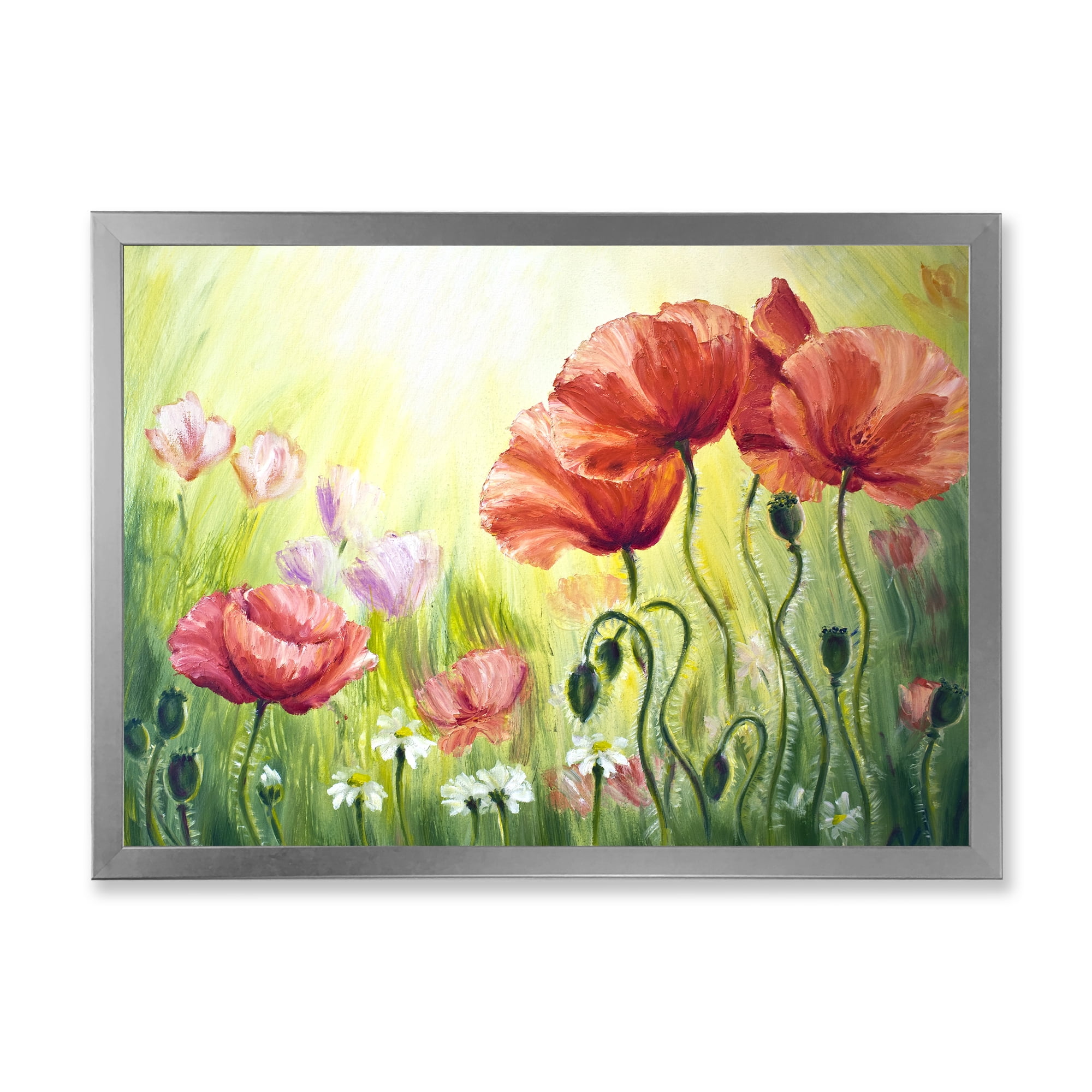 Designart 'Blossoming Red and Purple Poppies In The Morning I' Traditional Framed Art Print