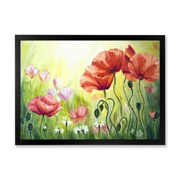 Designart 'Blossoming Red and Purple Poppies In The Morning I' Traditional Framed Art Print