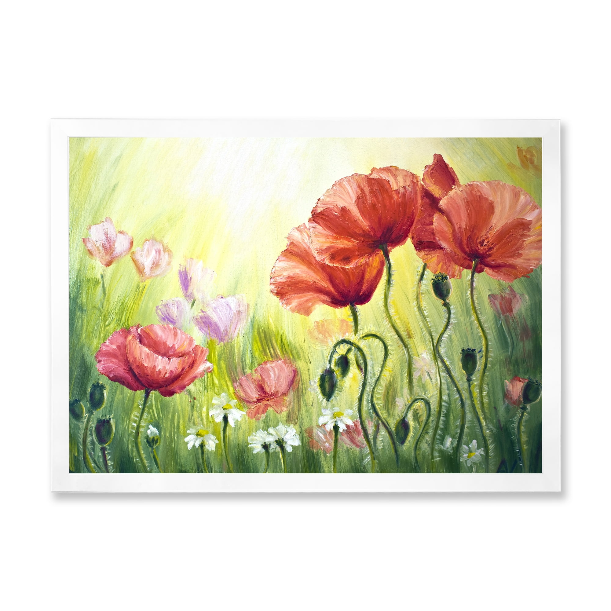 Designart 'Blossoming Red and Purple Poppies In The Morning I' Traditional Framed Art Print