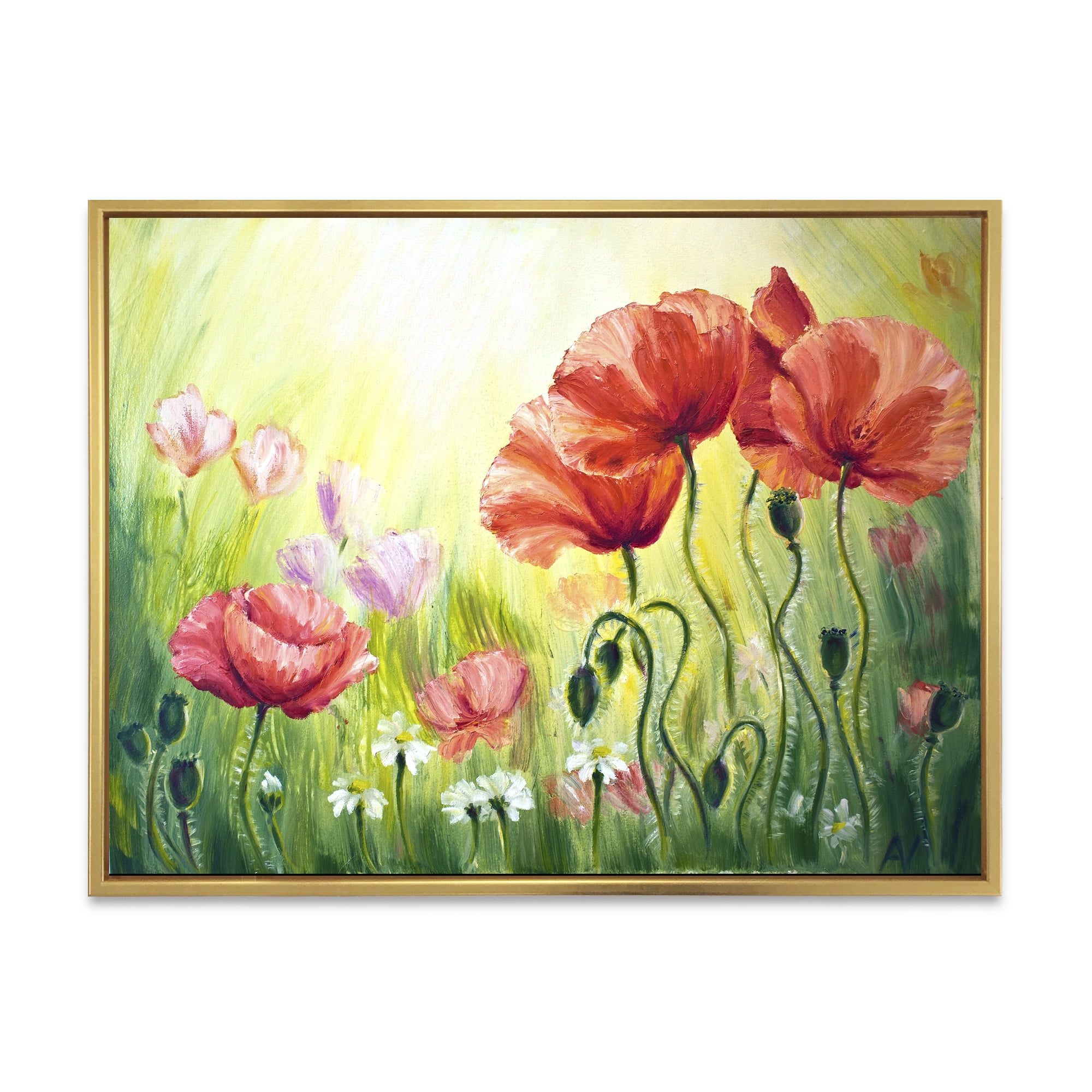 Designart 'Blossoming Red and Purple Poppies In The Morning I' Traditional Framed Canvas Wall Art Print