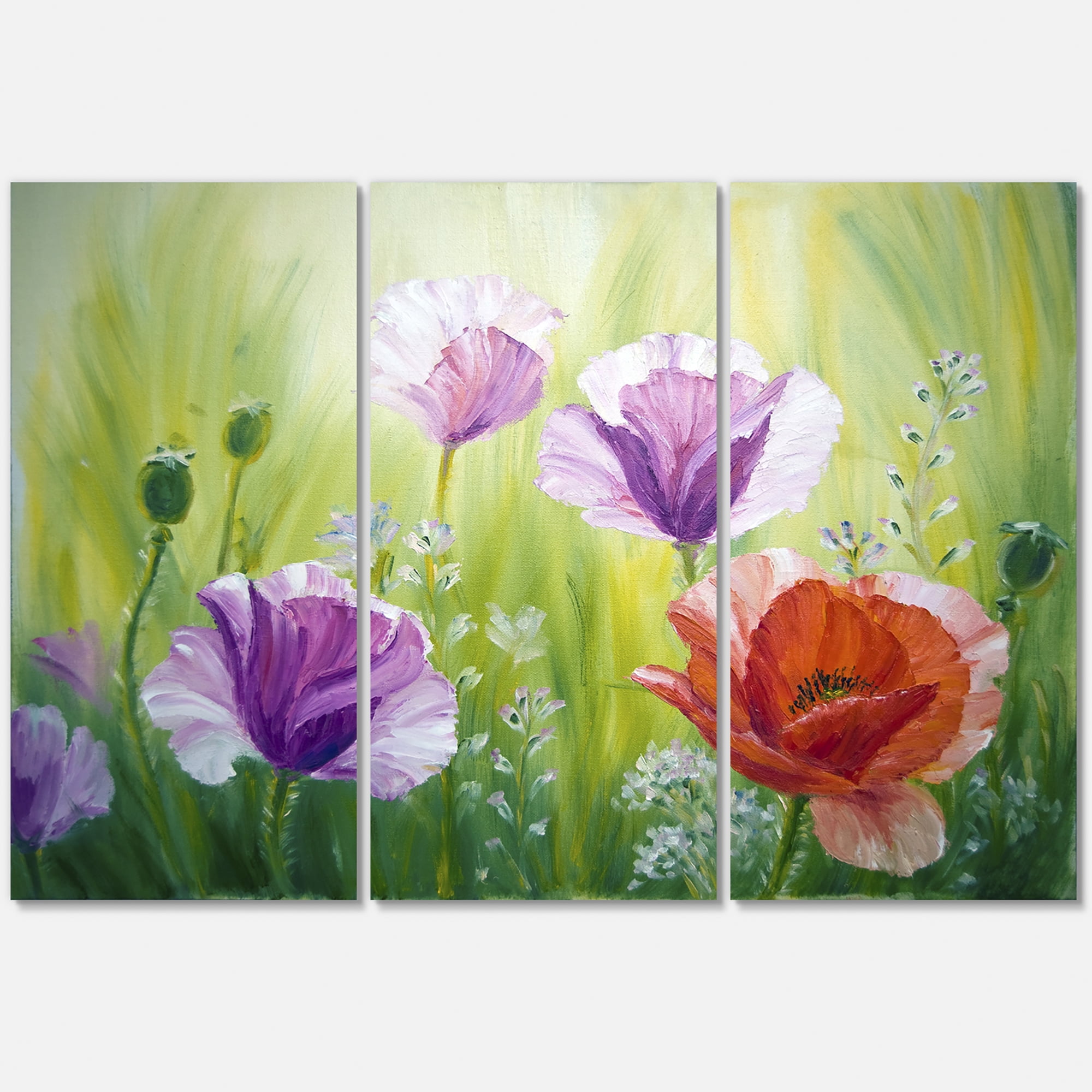 Designart ' Blossoming Red and Purple Poppies In The Morning II ' Traditional Canvas Wall Art Print