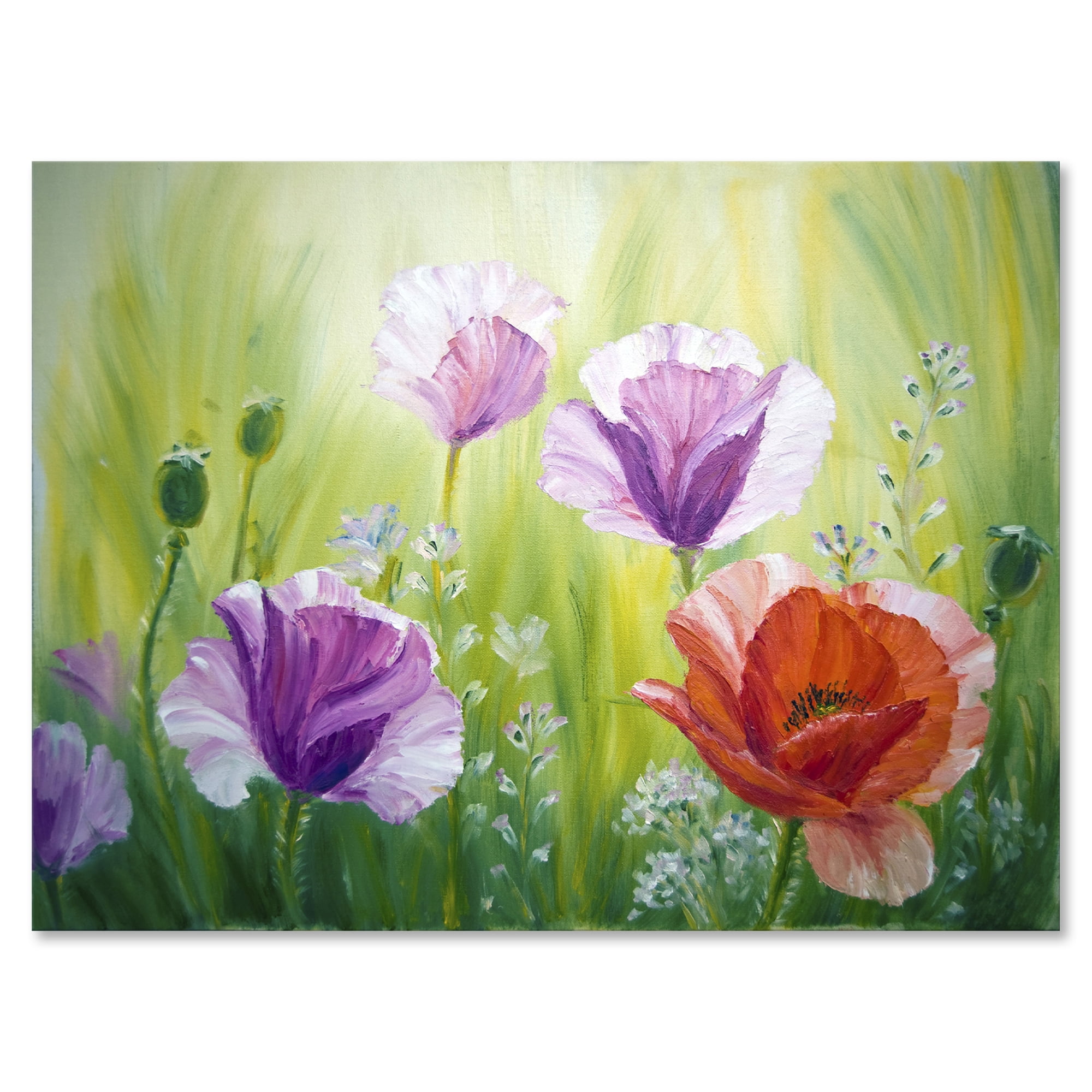 Designart ' Blossoming Red and Purple Poppies In The Morning II ' Traditional Canvas Wall Art Print