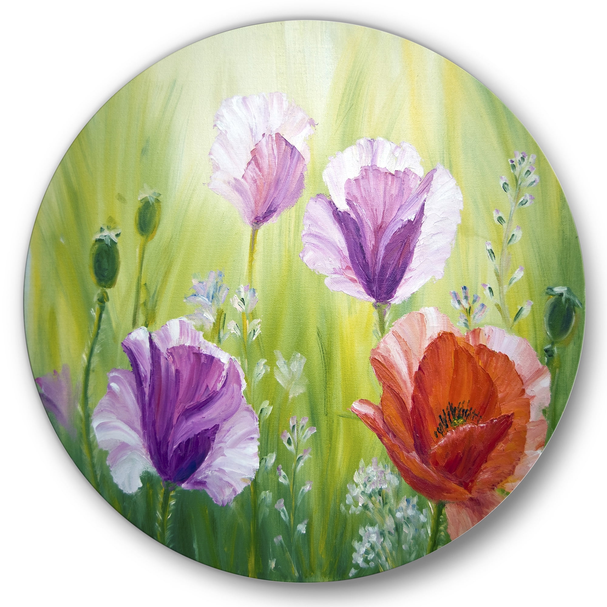 Designart 'Blossoming Red and Purple Poppies In The Morning II' Traditional Circle Metal Wall Art 23x23 - Disc of 23