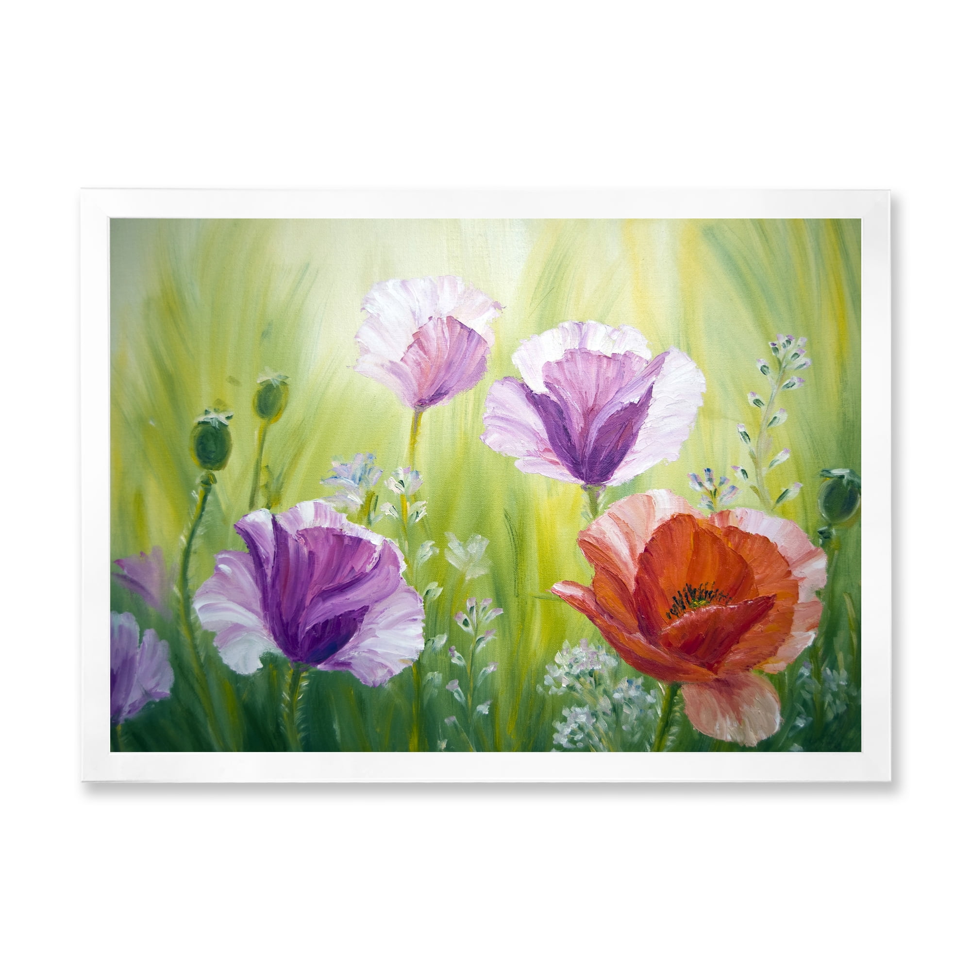 Designart 'Blossoming Red and Purple Poppies In The Morning II' Traditional Framed Art Print