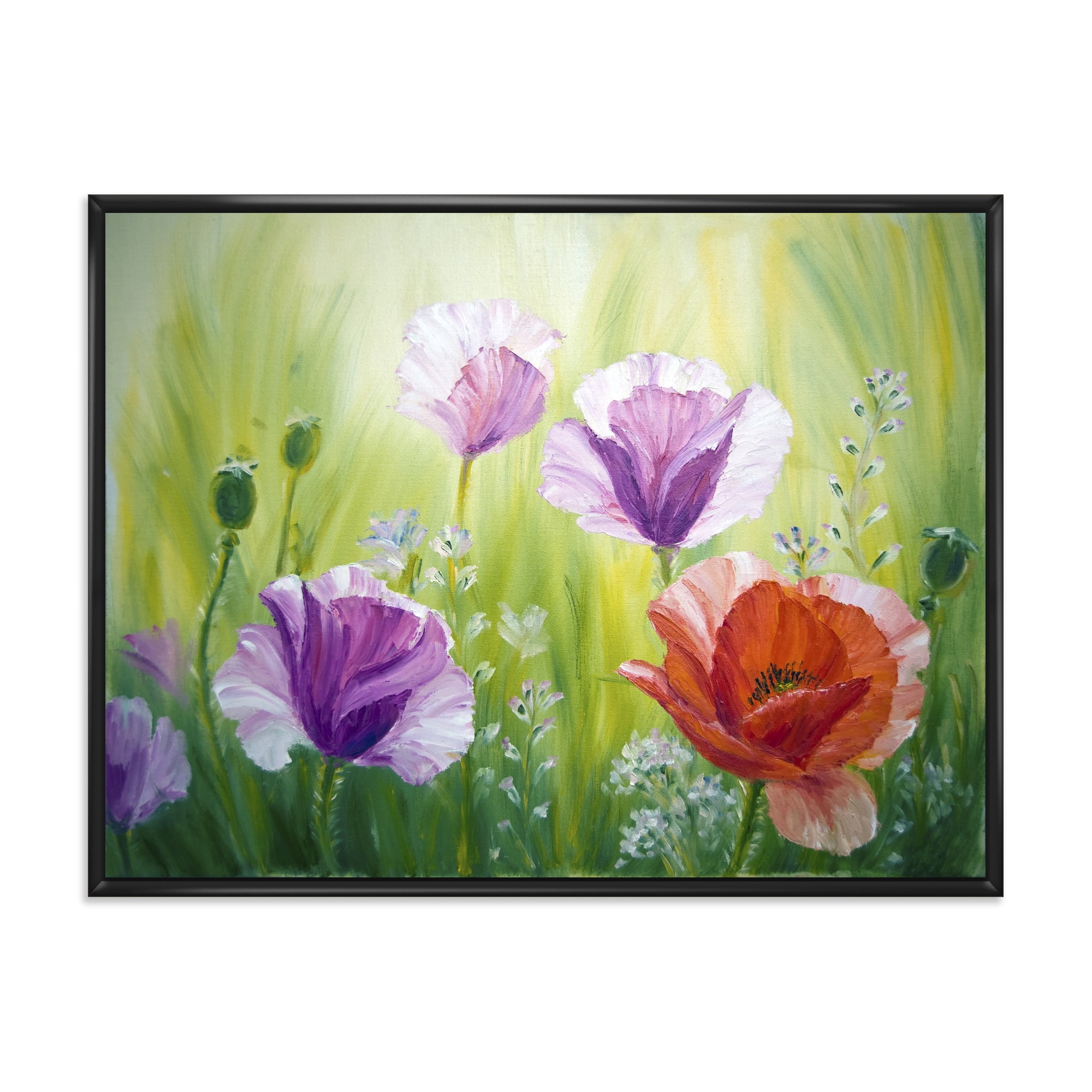 Designart 'Blossoming Red and Purple Poppies In The Morning II' Traditional Framed Canvas Wall Art Print