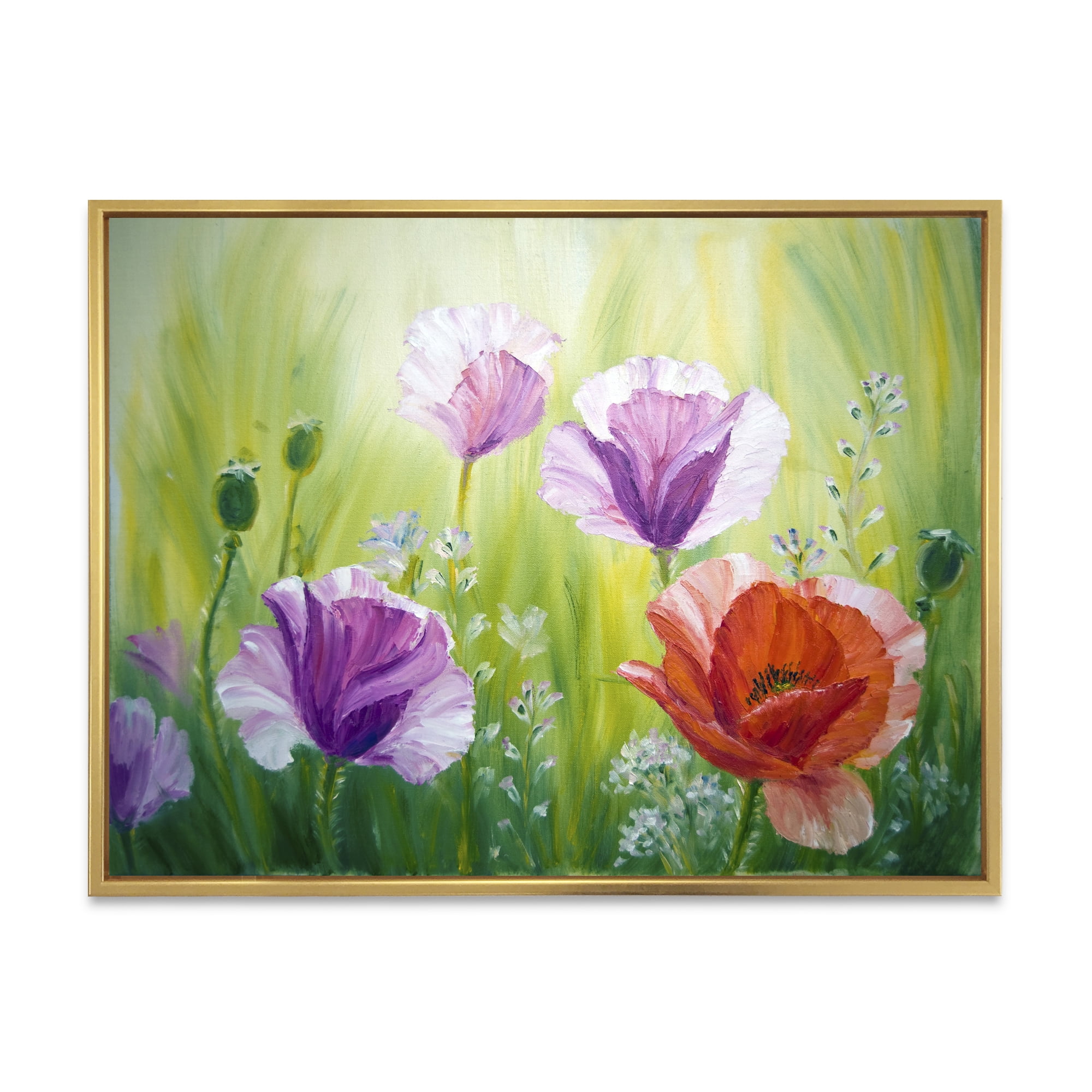 Designart 'Blossoming Red and Purple Poppies In The Morning II' Traditional Framed Canvas Wall Art Print