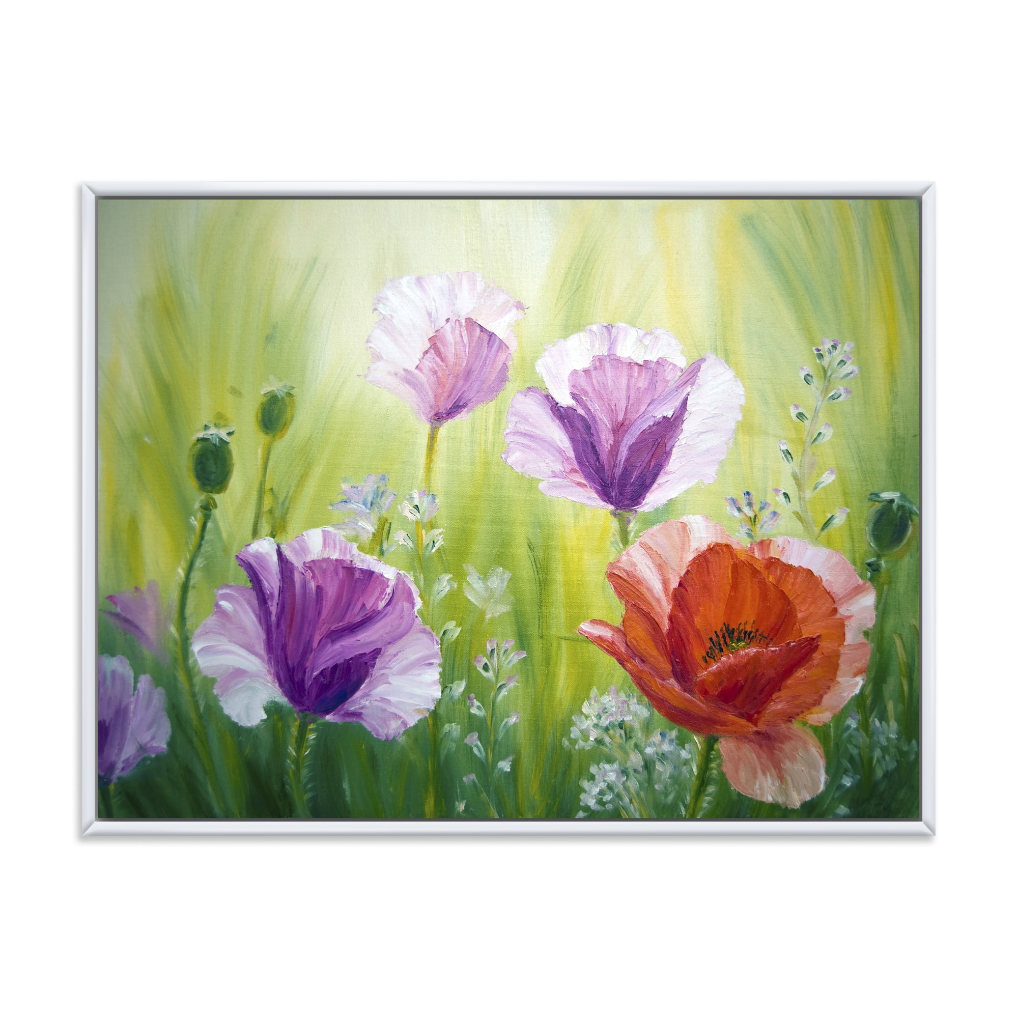 Designart 'Blossoming Red and Purple Poppies In The Morning II' Traditional Framed Canvas Wall Art Print