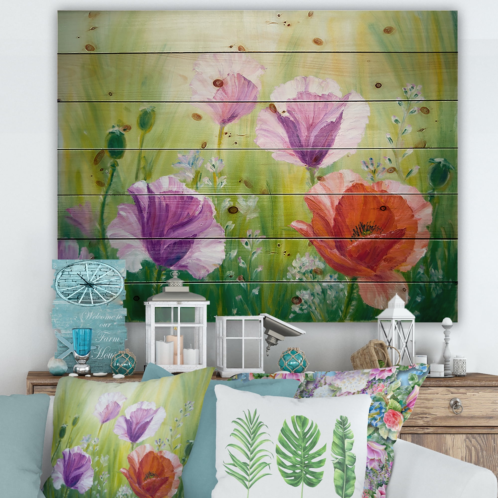 Designart 'Blossoming Red and Purple Poppies In The Morning II' Traditional Print on Natural Pine Wood