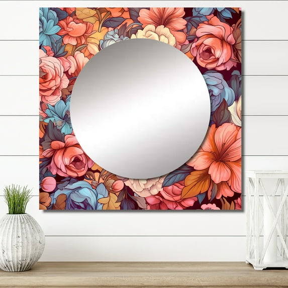 Designart "Blossoming Retro Pink And White Roses Floral Elegance" Wildflowers Square Mirror For Wall Decor - Large Pink Square Printed Wall Mirror Art - Wall Mounted Square Mirror