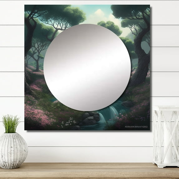 Designart "Blossoming Sacred Forest Serene River Scene" Christianism Square Mirror For Wall Decor - Large Green Square Printed Wall Mirror Art - Wall Mounted Square Large Mirror