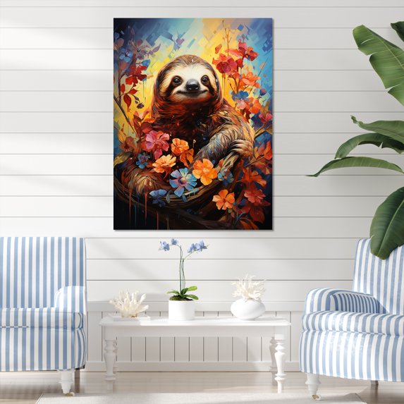 Designart "Blossoming Sloth Leisure" Sloth Canvas Art Print