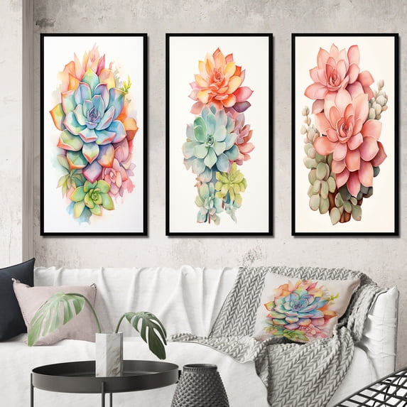 Designart "Blossoming Succulent Tender Retro Blue" Succulent Framed Wall Art Set Of 3 - Blue Traditional Frame Gallery Wall Set For Home Decor