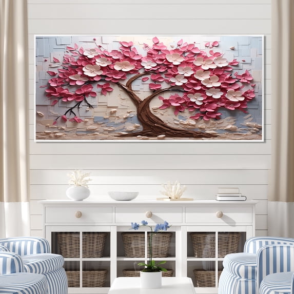 Designart "Blossoming Tranquility Pink and White Orchid Tree II" Oversized Landscapes Framed Wall Art - Country White Tree Living Room Framed Canvas Art