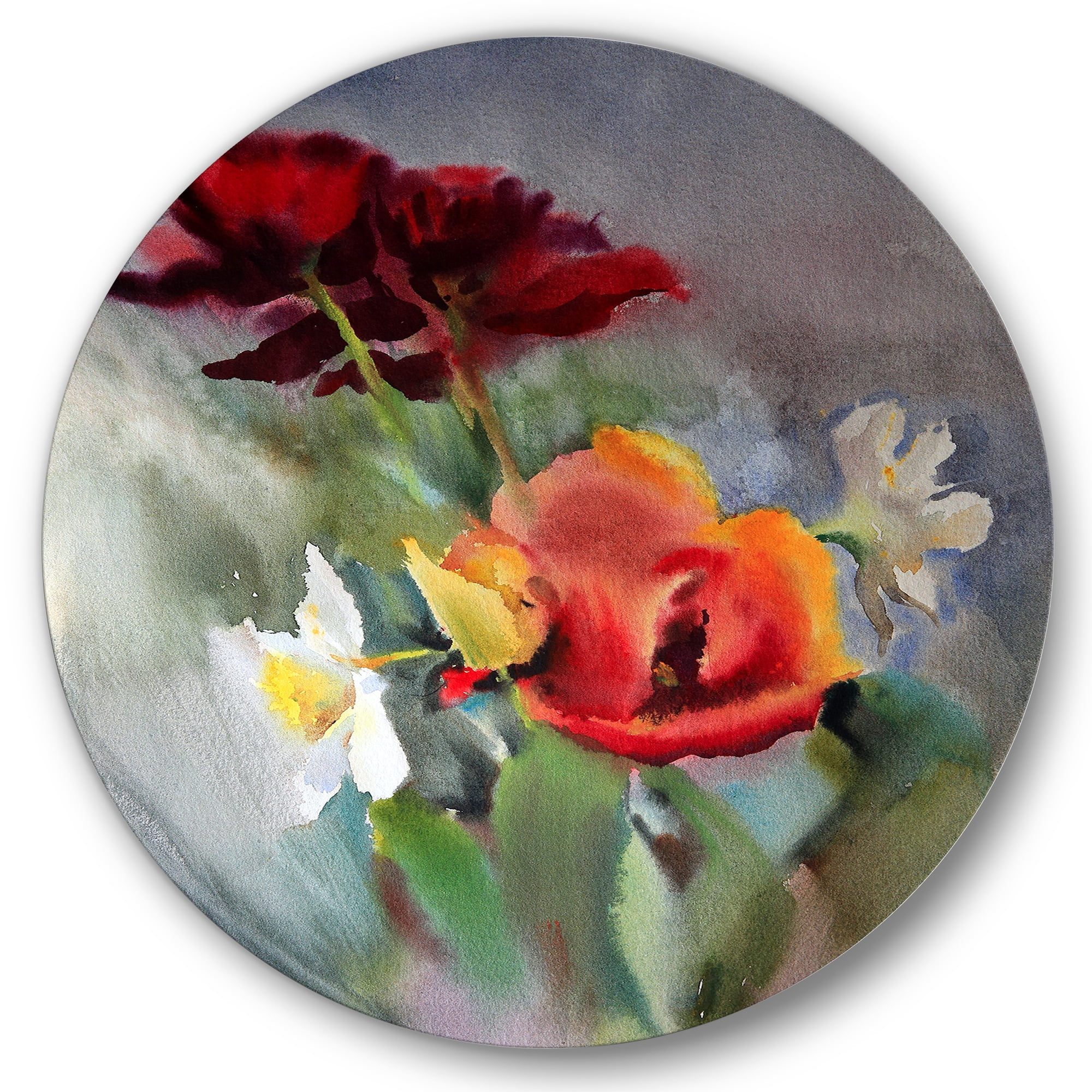 Designart 'Blossoming Vibrant Red Wildflowers' Traditional Circle Metal Wall Art 11x11 - Disc of 11