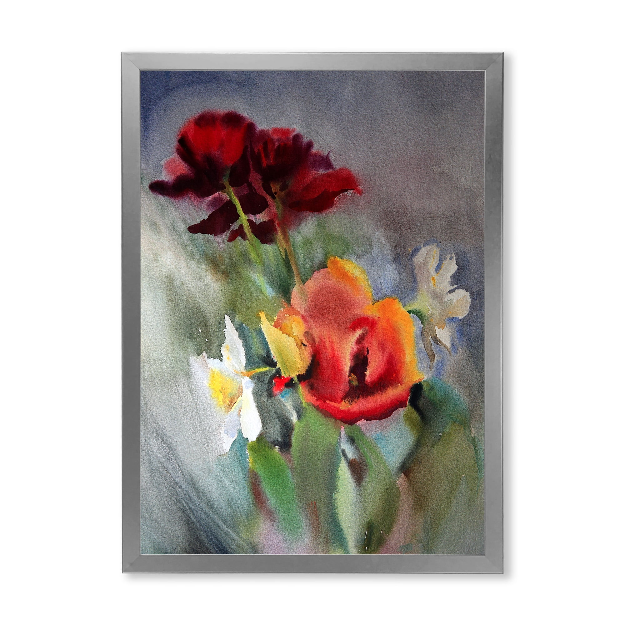 Designart 'Blossoming Vibrant Red Wildflowers' Traditional Framed Art Print