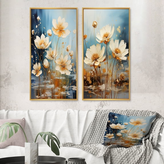 Designart "Blossoming White Daisy under Teal Blue Sky" Flowers Framed Wall Art Set Of 2 - Traditional White Framed Canvas Set For Living Room Decor
