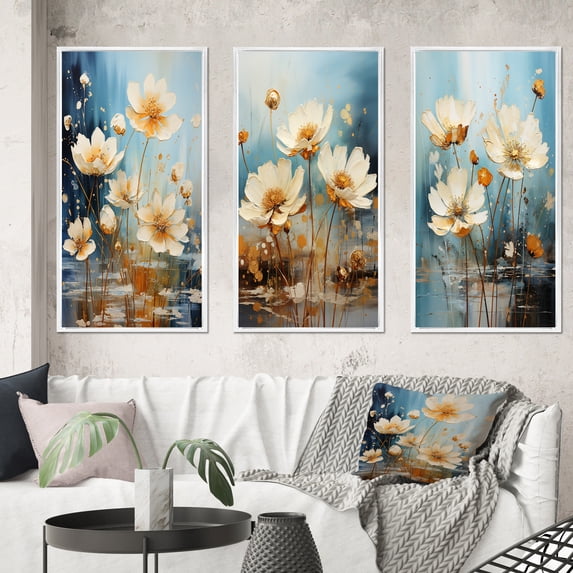 Designart "Blossoming White Daisy under Teal Blue Sky II" Flowers Framed Wall Art Set Of 3 - White Traditional Frame Gallery Set For Office Decor