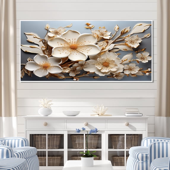 Designart "Blossoms in White Orchid Tree Garden V" Oversized Floral Framed Wall Art - Modern Farmhouse Yellow Abstract Floral Hallway Framed Wall Art Decor