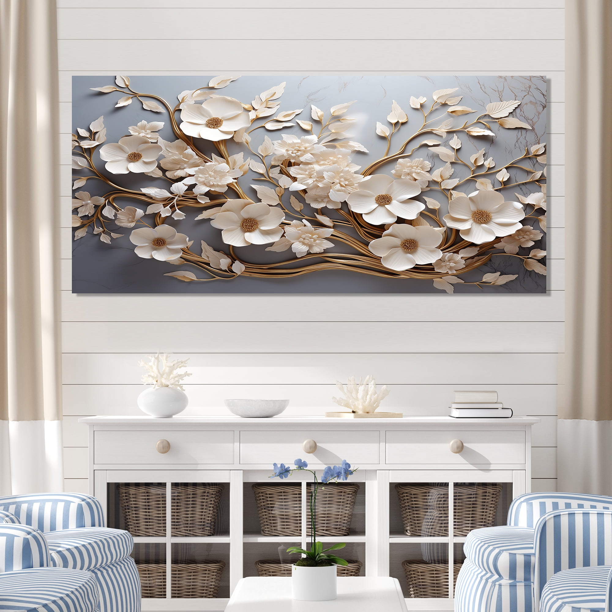 Designart "Blossoms in White Orchid Tree Garden I" Extra Large Floral ...