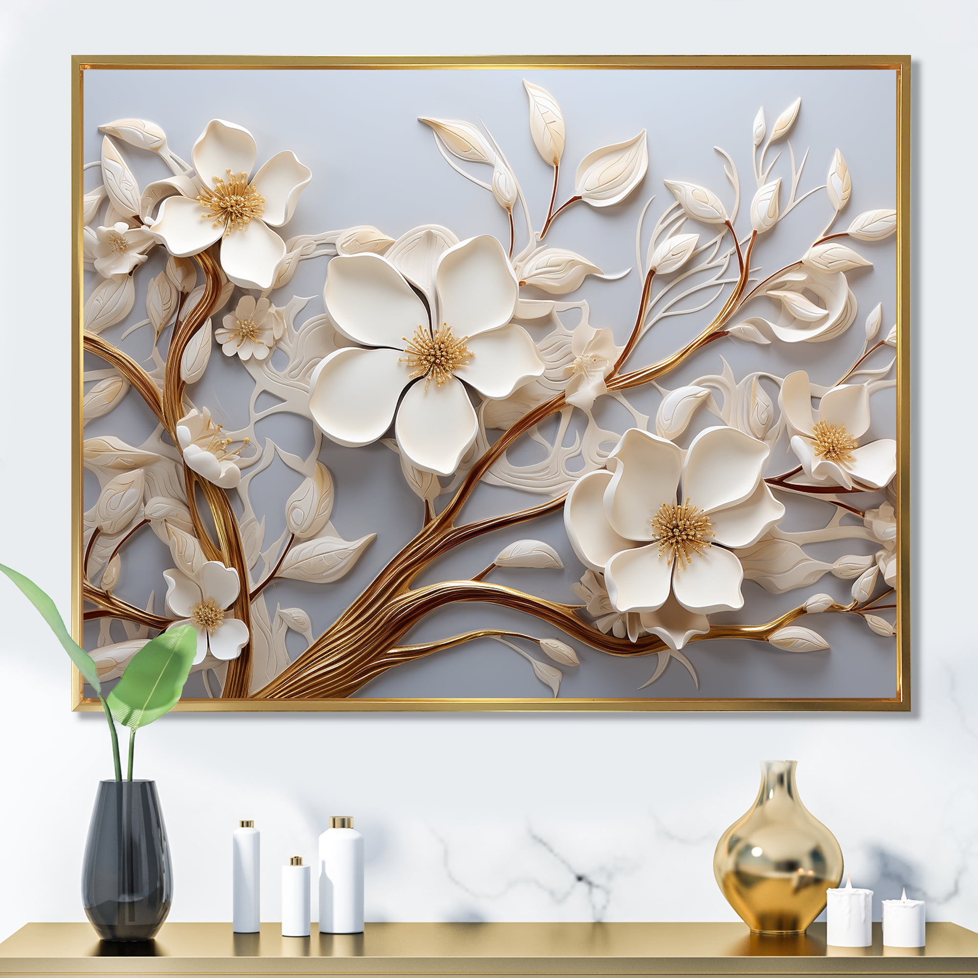 Designart "Blossoms in White Orchid Tree Garden II" Floral Framed Wall