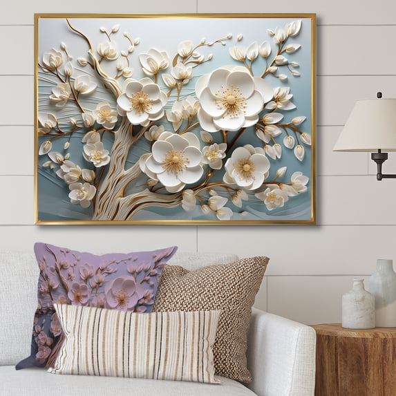 Designart "Blossoms in White Orchid Tree Garden III" Floral Framed Wall Art - Modern Farmhouse Yellow Abstract Floral Entryway Framed Wall Art Print