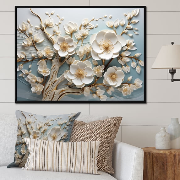 Designart "Blossoms in White Orchid Tree Garden III" Floral Framed Wall Art - Modern Farmhouse Yellow Abstract Floral Entryway Framed Wall Art Print