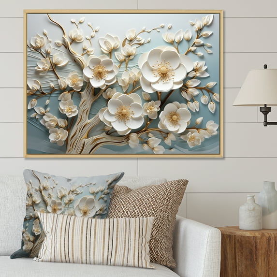 Designart "Blossoms in White Orchid Tree Garden III" Floral Framed Wall Art - Modern Farmhouse Yellow Abstract Floral Entryway Framed Wall Art Print