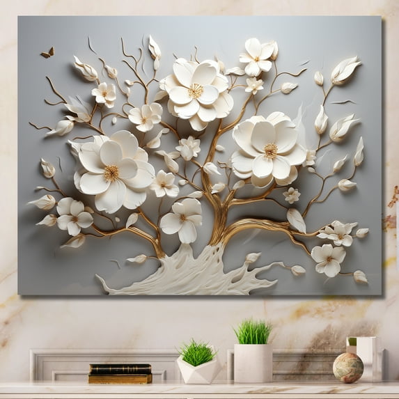 Designart "Blossoms in White Orchid Tree Garden IV" Floral Wall Art - Modern Farmhouse Yellow Abstract Floral Hallway Wall Art Decor