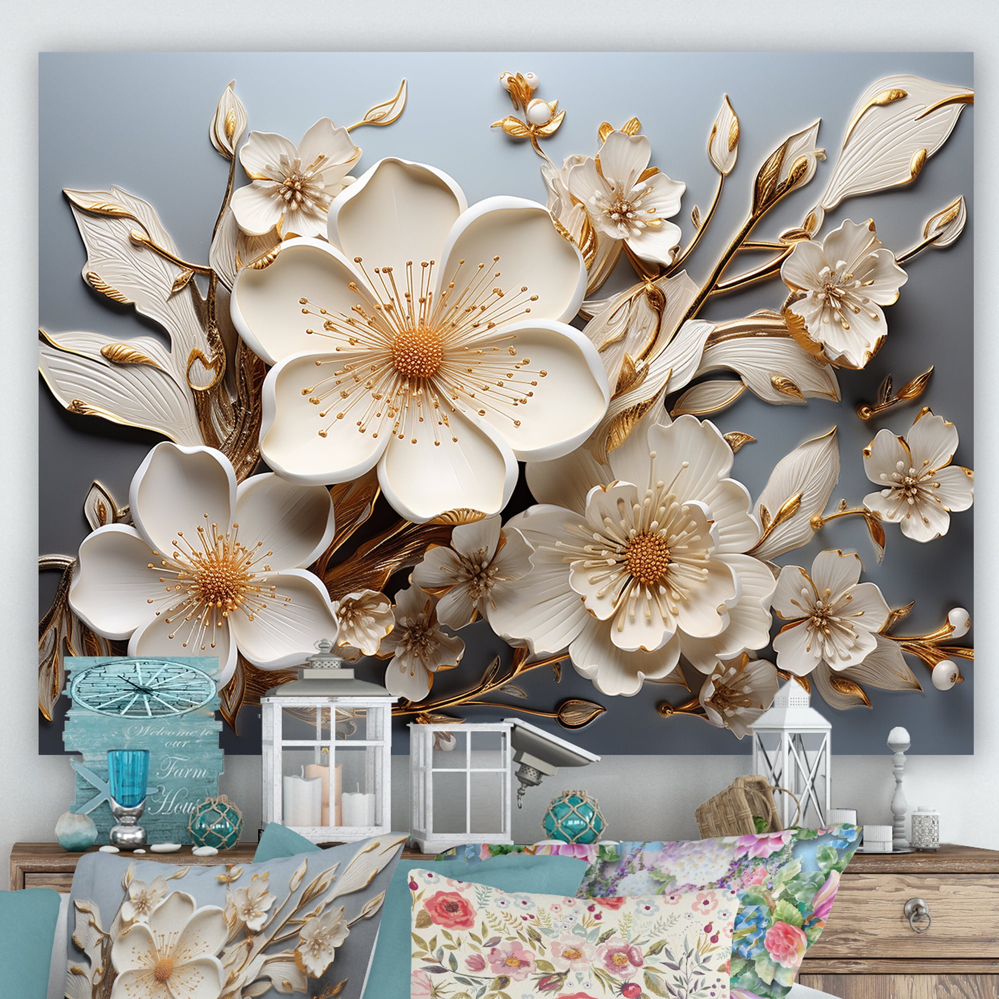Designart "Blossoms in White Orchid Tree Garden V" Extra Large Floral ...