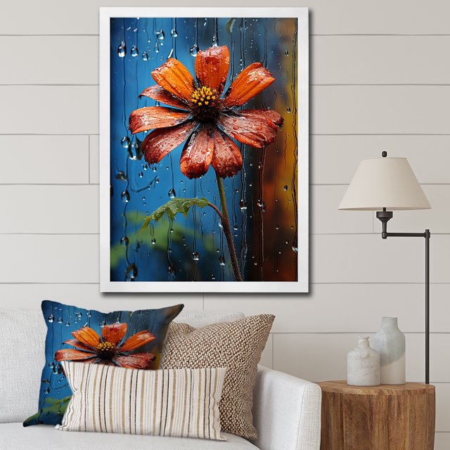 Designart "Blossoms of Red Marigold in Rain" Floral Framed Wall Art