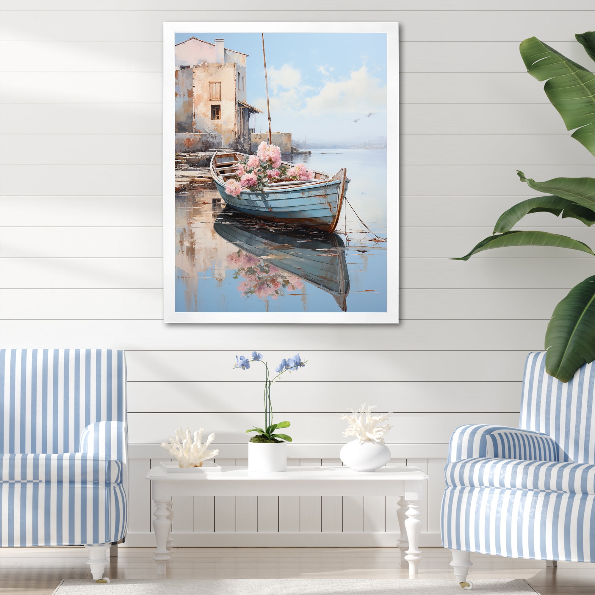 Designart "Blossoms on Pastel Port Boat II" Coastal Framed Wall Art