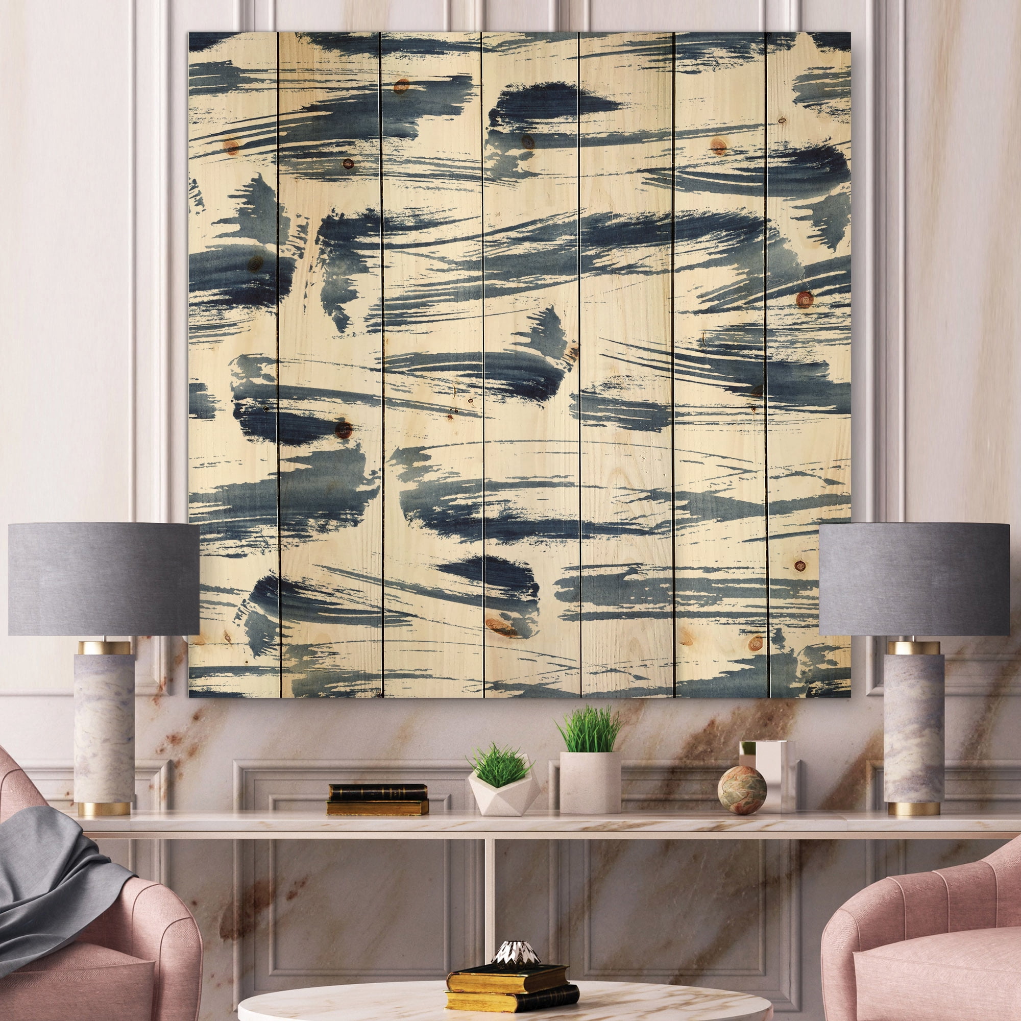 Designart 'Blue Abstract Aquatic Texture' Modern Print on Natural Pine Wood