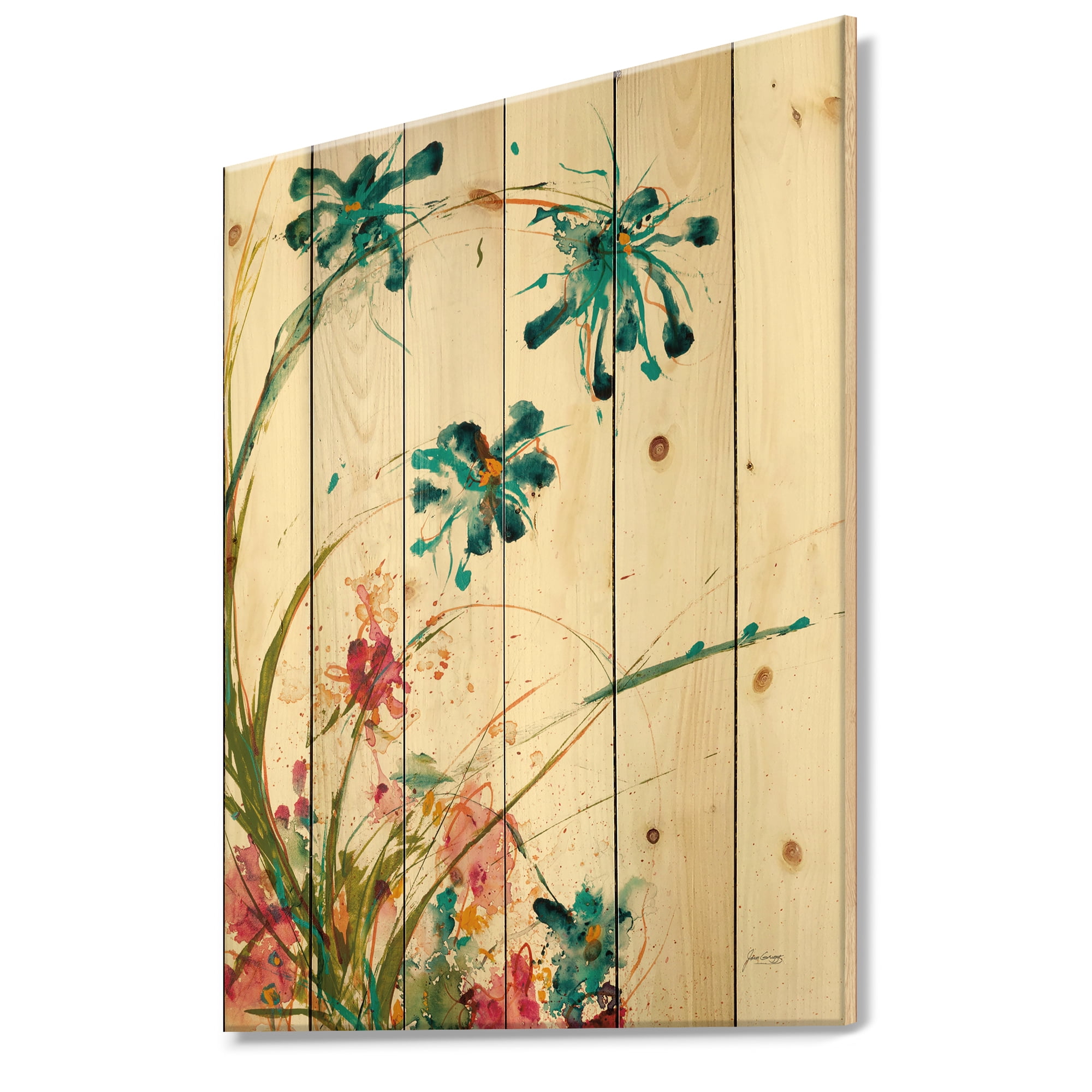 Designart 'Blue Abstract Blossoming Farmhouse Flowers On White' Modern Farmhouse Print on Natural Pine Wood