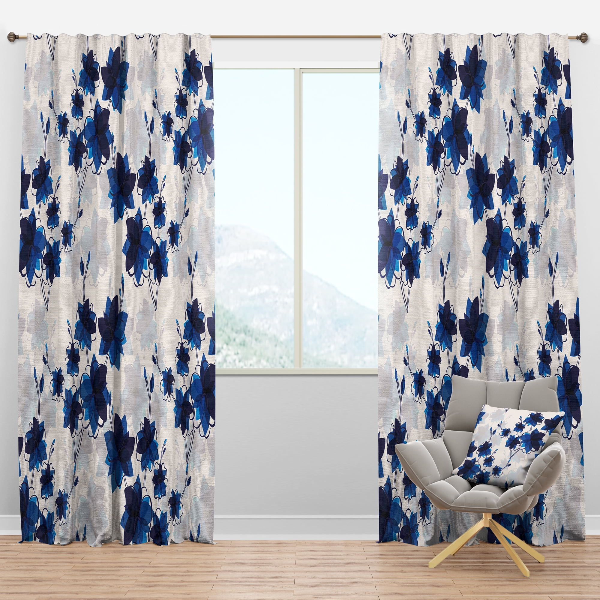 Designart 'Blue Abstract Flowers' Floral Blackout Curtain Panel