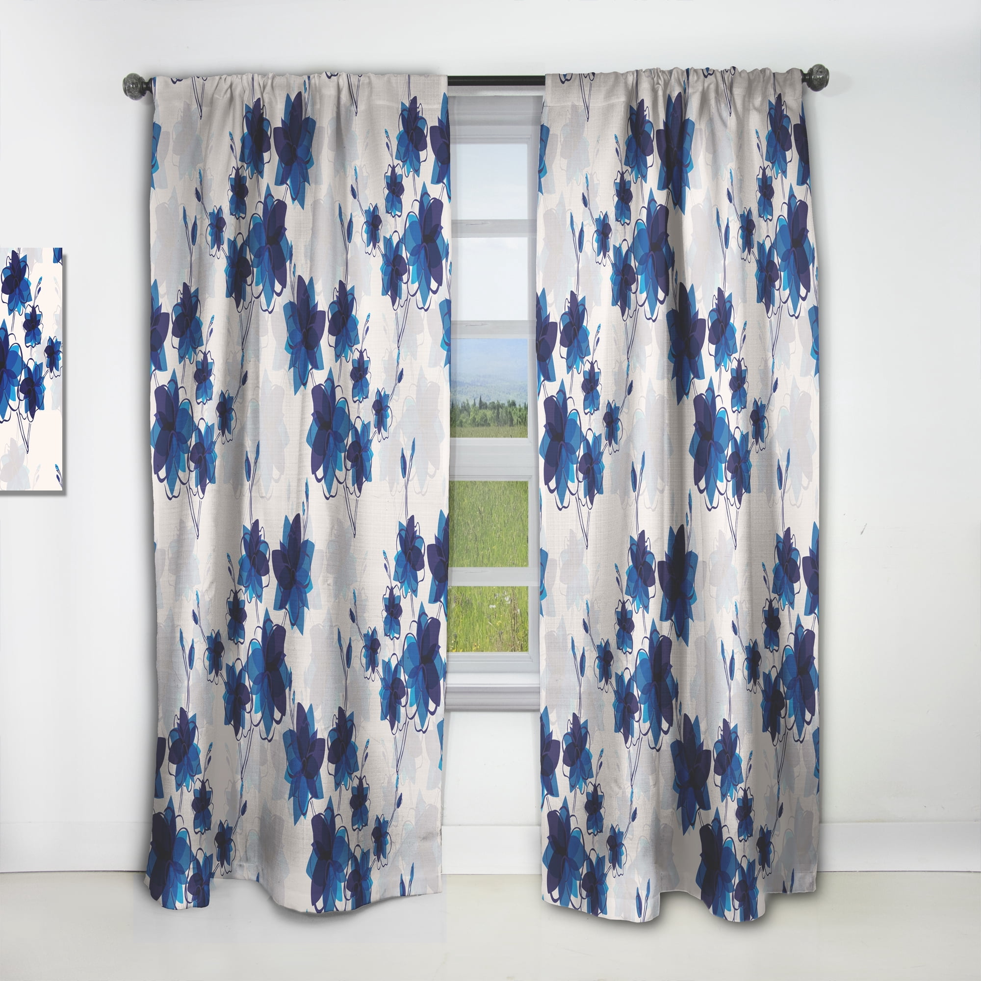 Designart 'Blue Abstract Flowers' Floral Curtain Panel