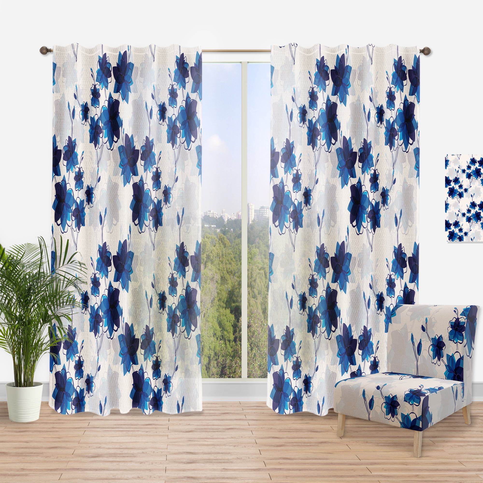 Designart 'Blue Abstract Flowers' Floral Curtain Panel