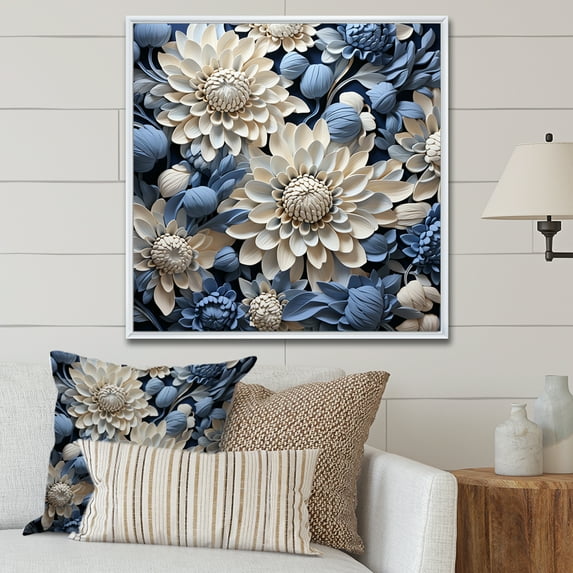Designart "Blue Accents: The Beauty Of White And Blue Mums" Chrysanthemums Floater Framed Canvas Prints
