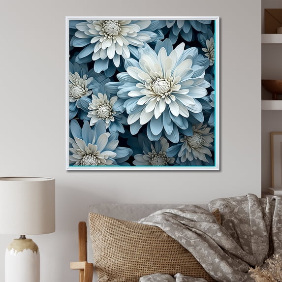Designart "Blue Accents: The Beauty Of White And Blue Mums II" Chrysanthemums Floater Framed Canvas Art Print