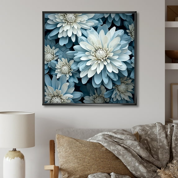 Designart "Blue Accents: The Beauty Of White And Blue Mums II" Chrysanthemums Floater Framed Canvas Art Print