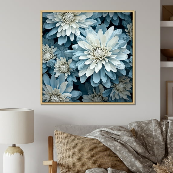 Designart "Blue Accents: The Beauty Of White And Blue Mums II" Chrysanthemums Floater Framed Canvas Art Print