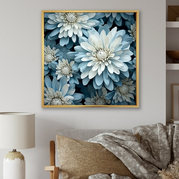 Designart "Blue Accents: The Beauty Of White And Blue Mums II" Chrysanthemums Floater Framed Canvas Art Print