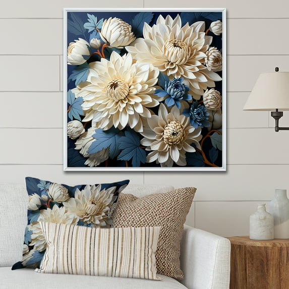 Designart "Blue Accents: The Beauty Of White And Blue Mums III" Chrysanthemums Floater Framed Wall Art Prints