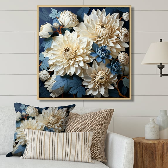 Designart "Blue Accents: The Beauty Of White And Blue Mums III" Chrysanthemums Floater Framed Wall Art Prints