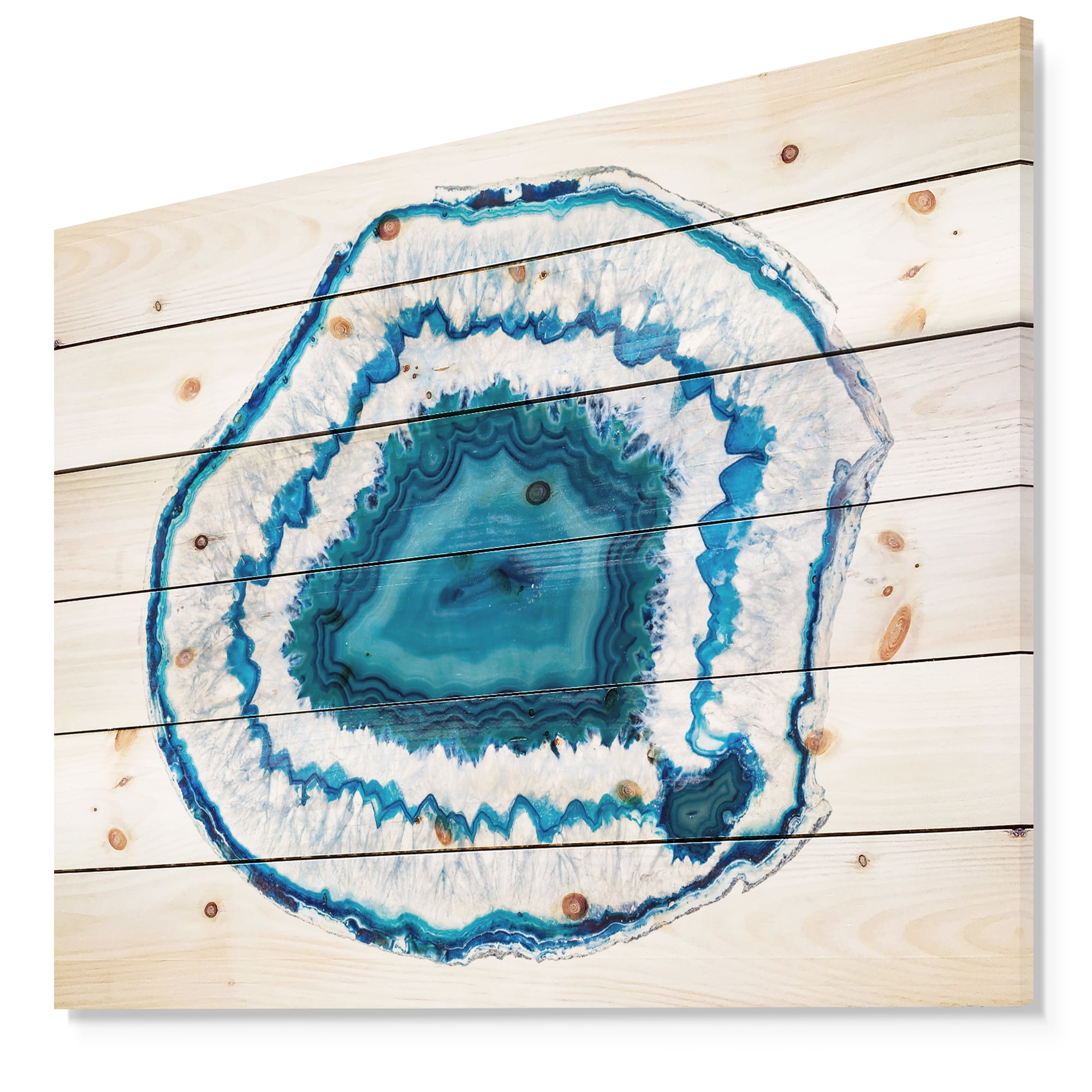 Designart Blue Agate Crystal Abstract Print on Natural Pine Wood Art Print, 20" x 12"