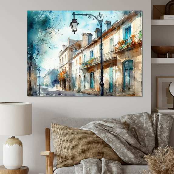 Designart "Blue And Beige French Small Town" City Art Deco Wall Art Living Room