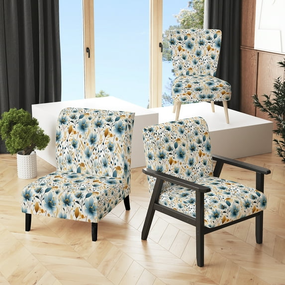 Designart "Blue And Beige Meadow Blossoms" Blue Floral Upholstered Accent Chair - Cottage Arm Chair For Bedroom