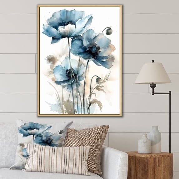 Designart "Blue And Black Poppy Floral Array" Boho Pottery Floater Framed Wall Decor