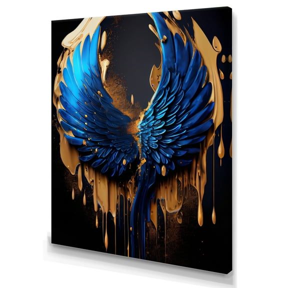 Designart Blue And Gold Angel Wings IV Canvas Wall Art