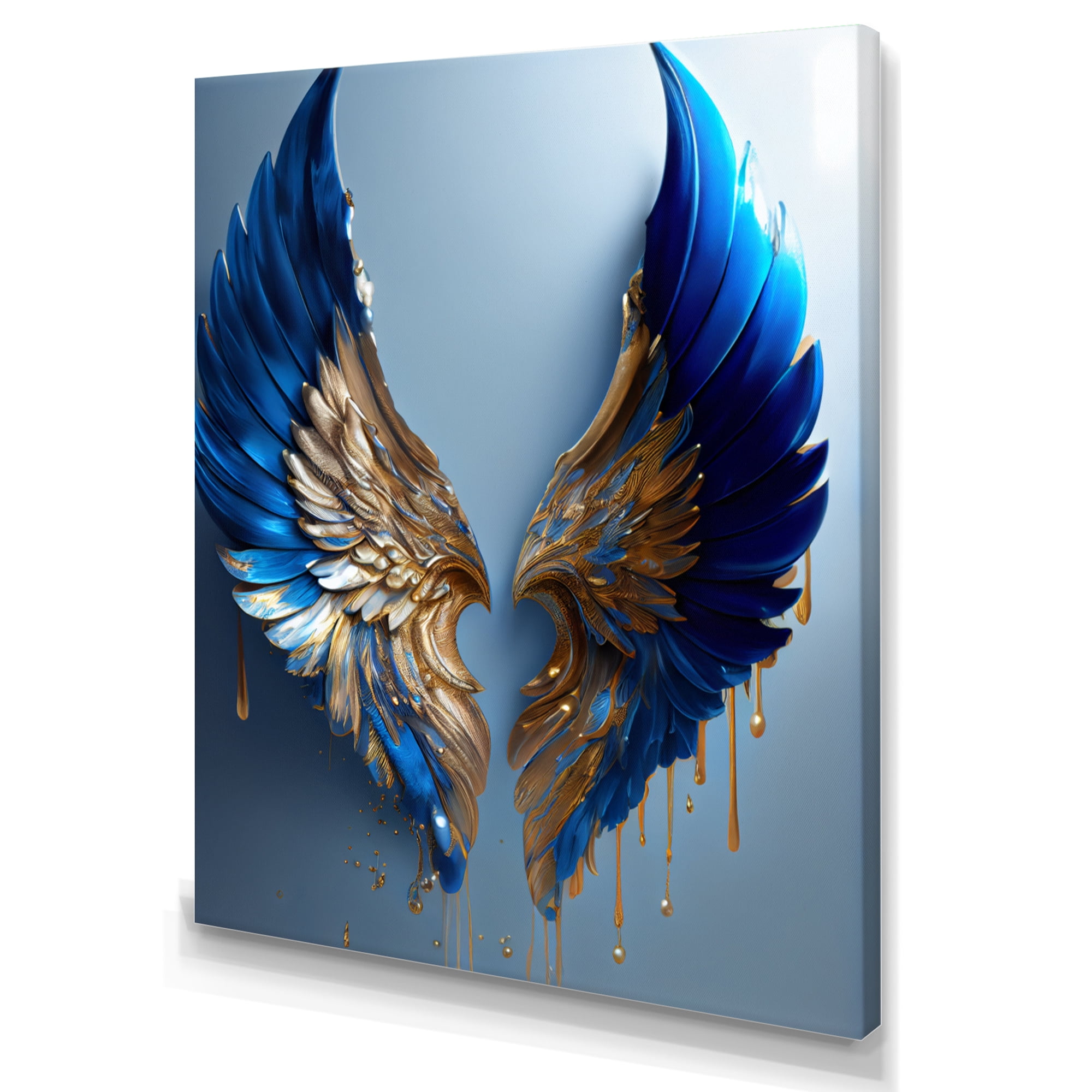 Designart Blue And Gold Angel Wings V Canvas Wall Art